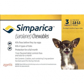 Simparica 5 мг. - дъвчащи таблетки за кучета с тегло 1.3 - 2.5 кг. / кутия 3 броя / /лекарства/